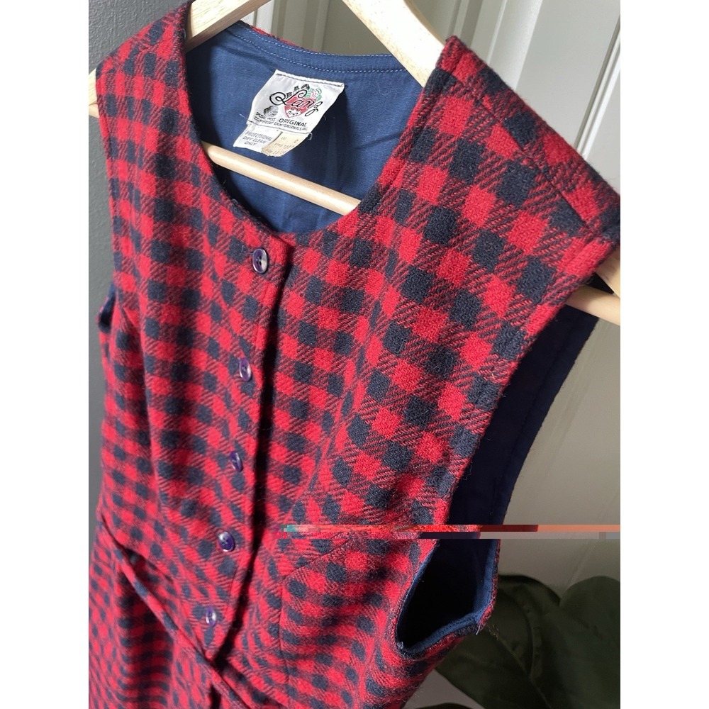 Vtg Lanz Originals Plaid Flannel Dress Sleeveless Red Navy Belt Pockets Sz Small - Picture 4 of 5